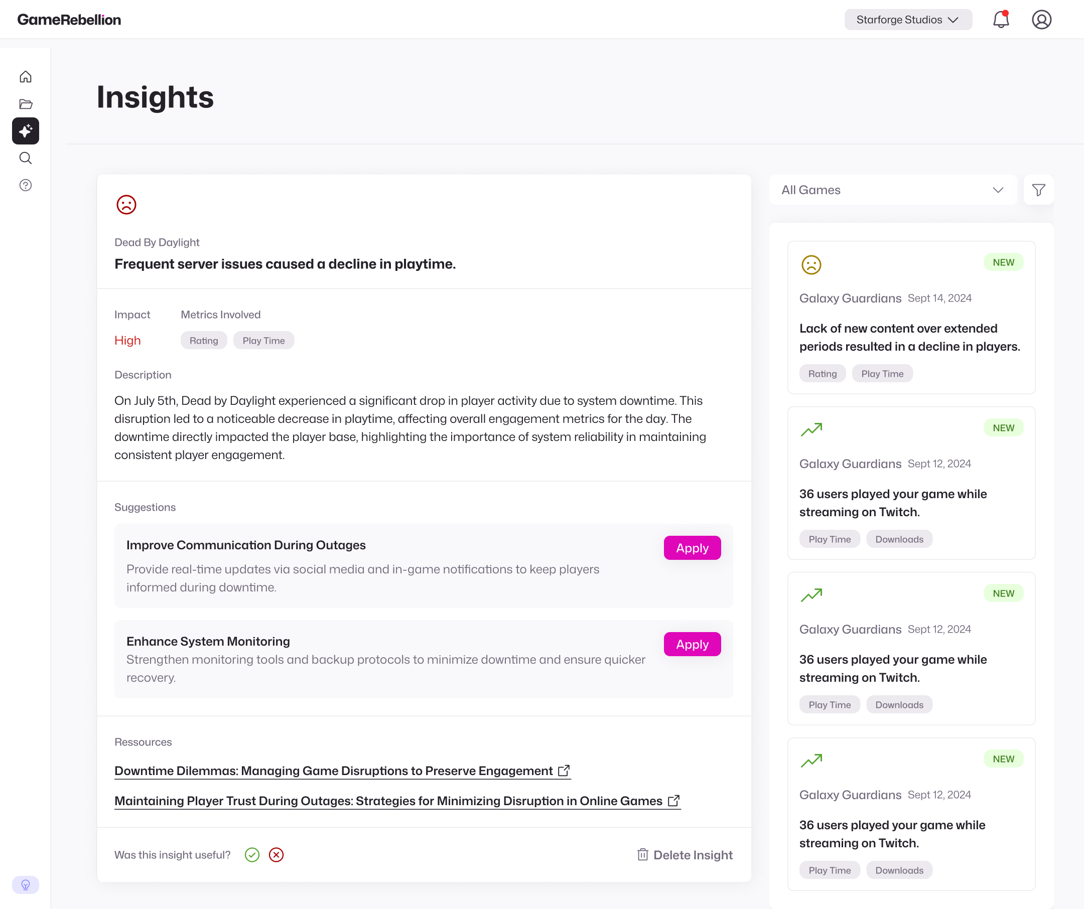 Mockup of a dashboard of real-time stats and available insights.