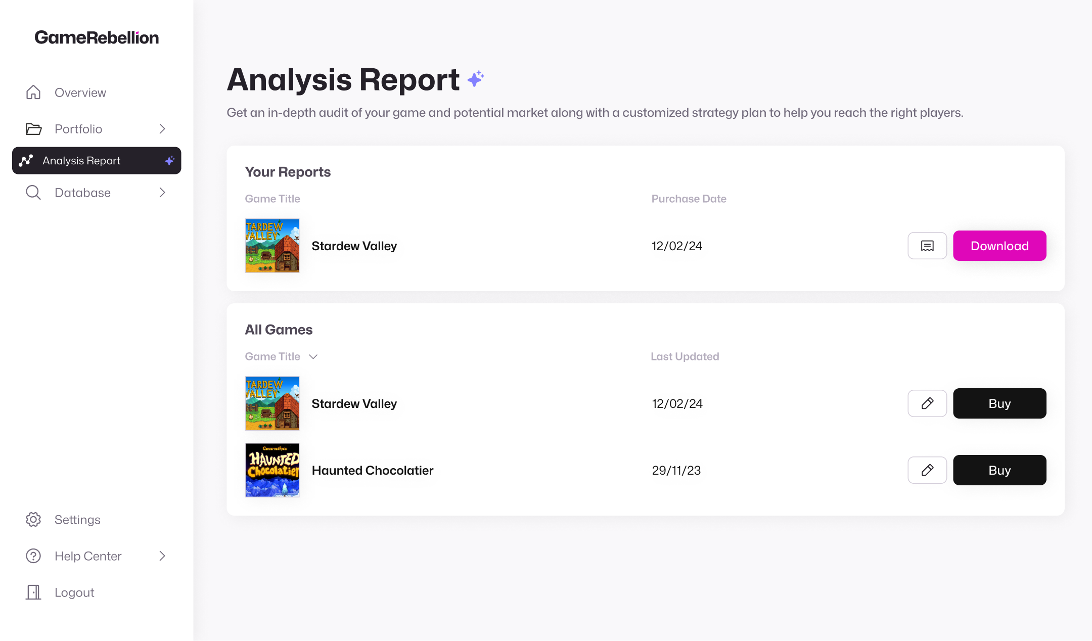 Hi-fidelity screen of a page showing a user's available reports.