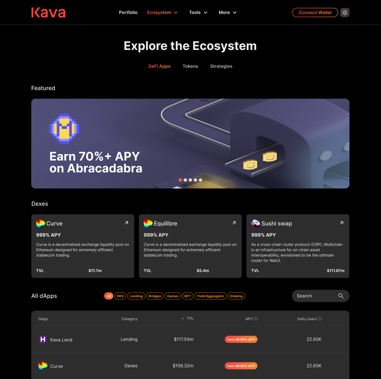 Old user interface of the Kava webapp.