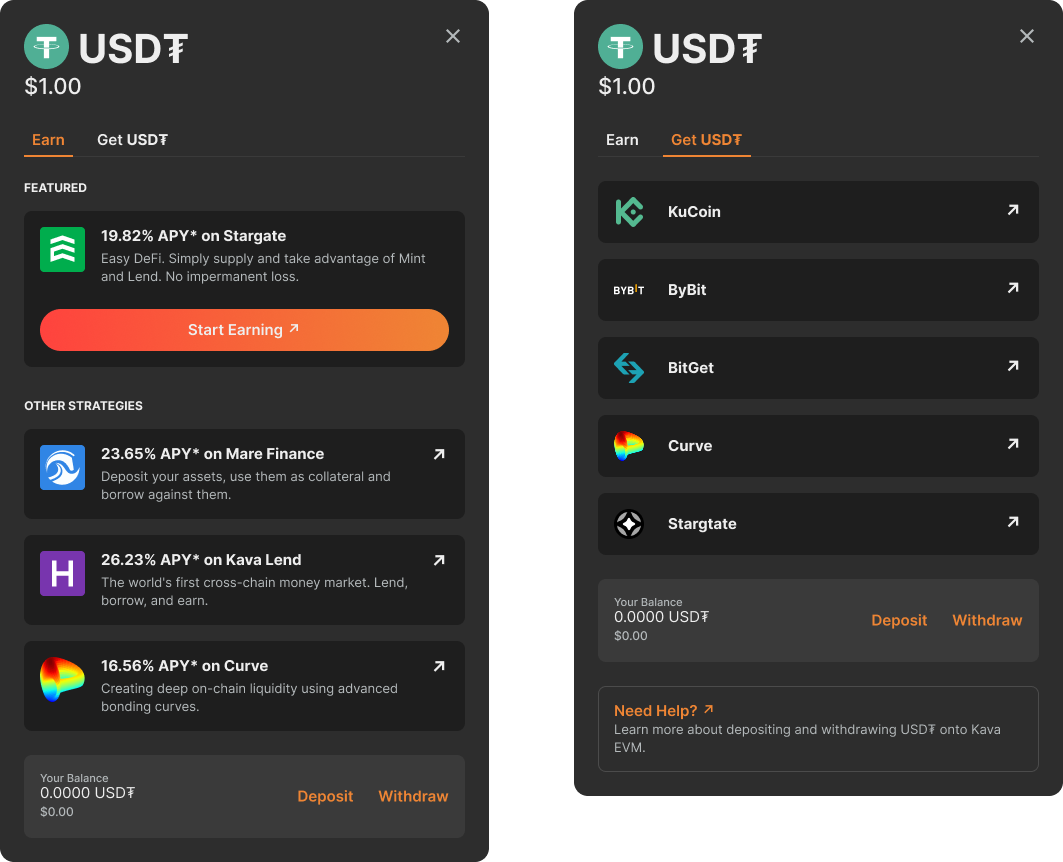 Modals for a crypto webapp showing how to Earn and Get USDT