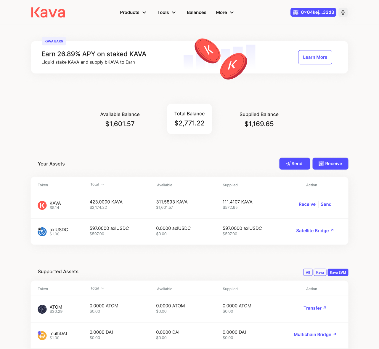Old user interface of the Kava webapp.