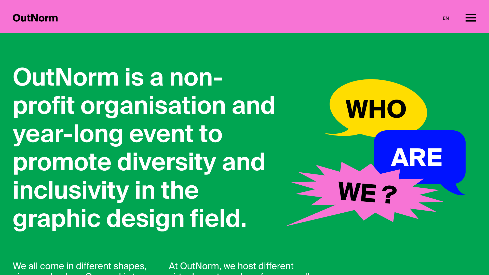 Website about page, showing a green background with different shapes and colours, and some introduction text.