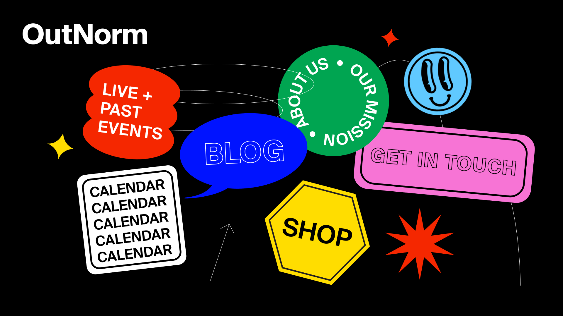 Website homepage, showing a black background with different shapes and colours.