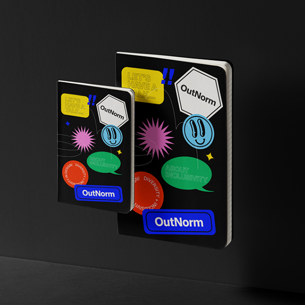 Mockup of 2 different sized notebook covers, using different shapes and colours to represent OutNorm.